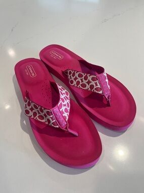 Coach Hot Pink Flip Flop Sandals with White Logo Straps